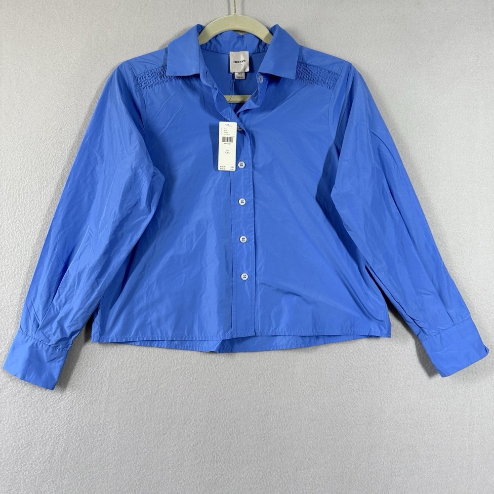 Maeve Anthropologie Top Womens XXS Cropped Boxy Long Sleeve Button Down Blue NWT